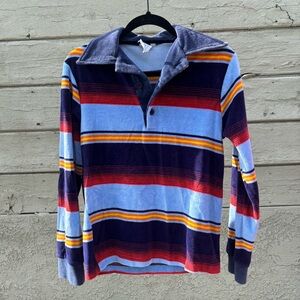 VINTAGE 70s RARE Ninth Street East Velour Striped Multicolor Collared Top